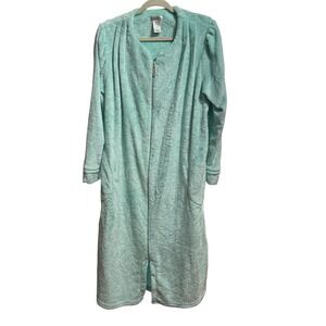 Jasmine Rose Plush Robe Aqua Blue Scroll Pattern Full Zip Loungewear Size S/P